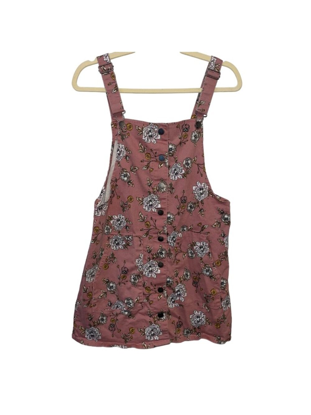 Floral Button-Front Pink Jumper/Dress With Adjustable Straps & Front Pockets